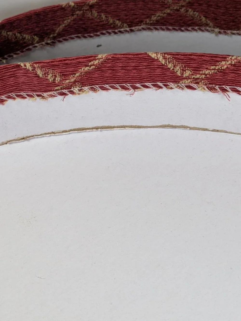 Vintage Red Tan Diamond Trellis Padded Fabric Hat Box Rope Trim Storage 14.5